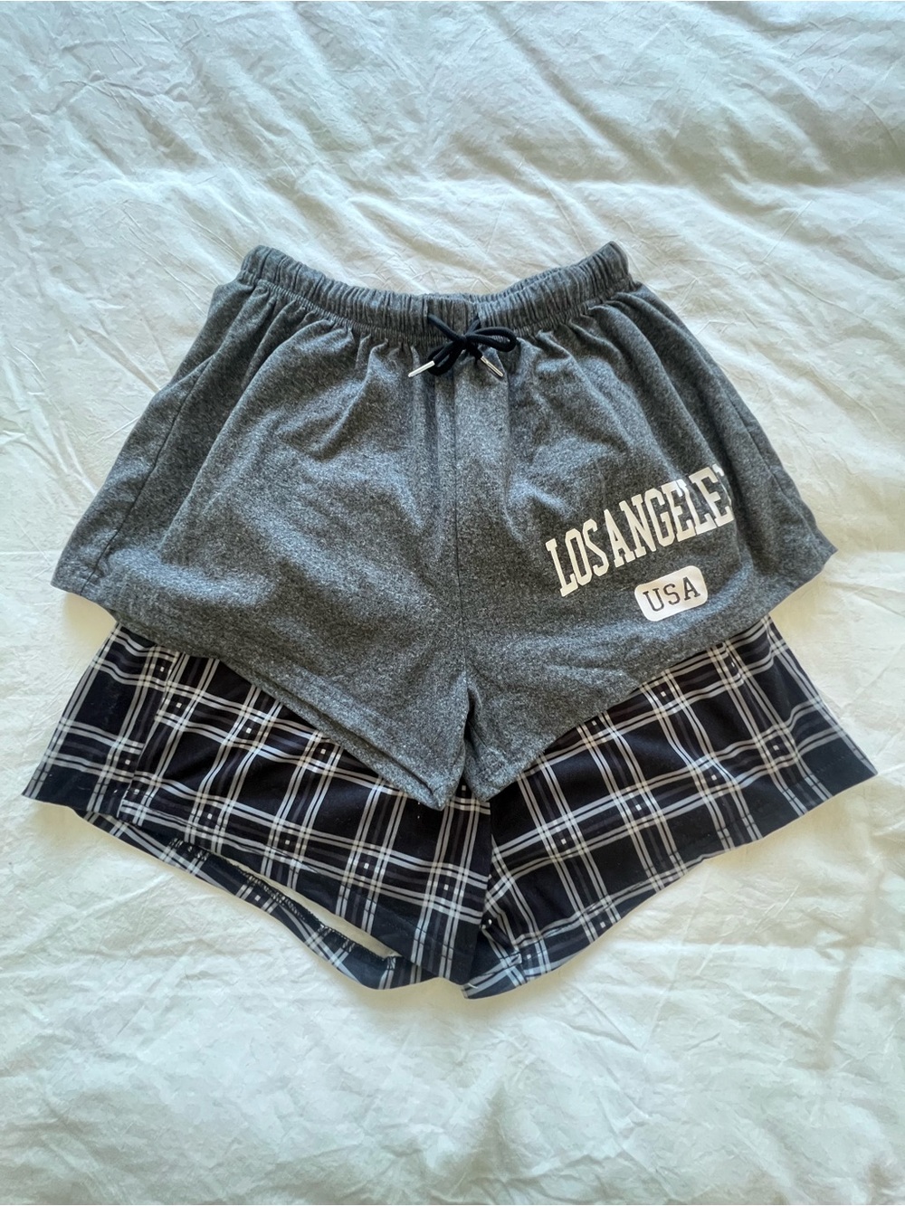 2 Pairs Gray ‘Los Angeles USA' and black plaid Lounge Shorts